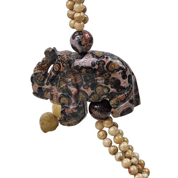 Vintage Pink Spotted Leopard Jasper Carved Elephant Beaded Necklace - Picture 9 of 11